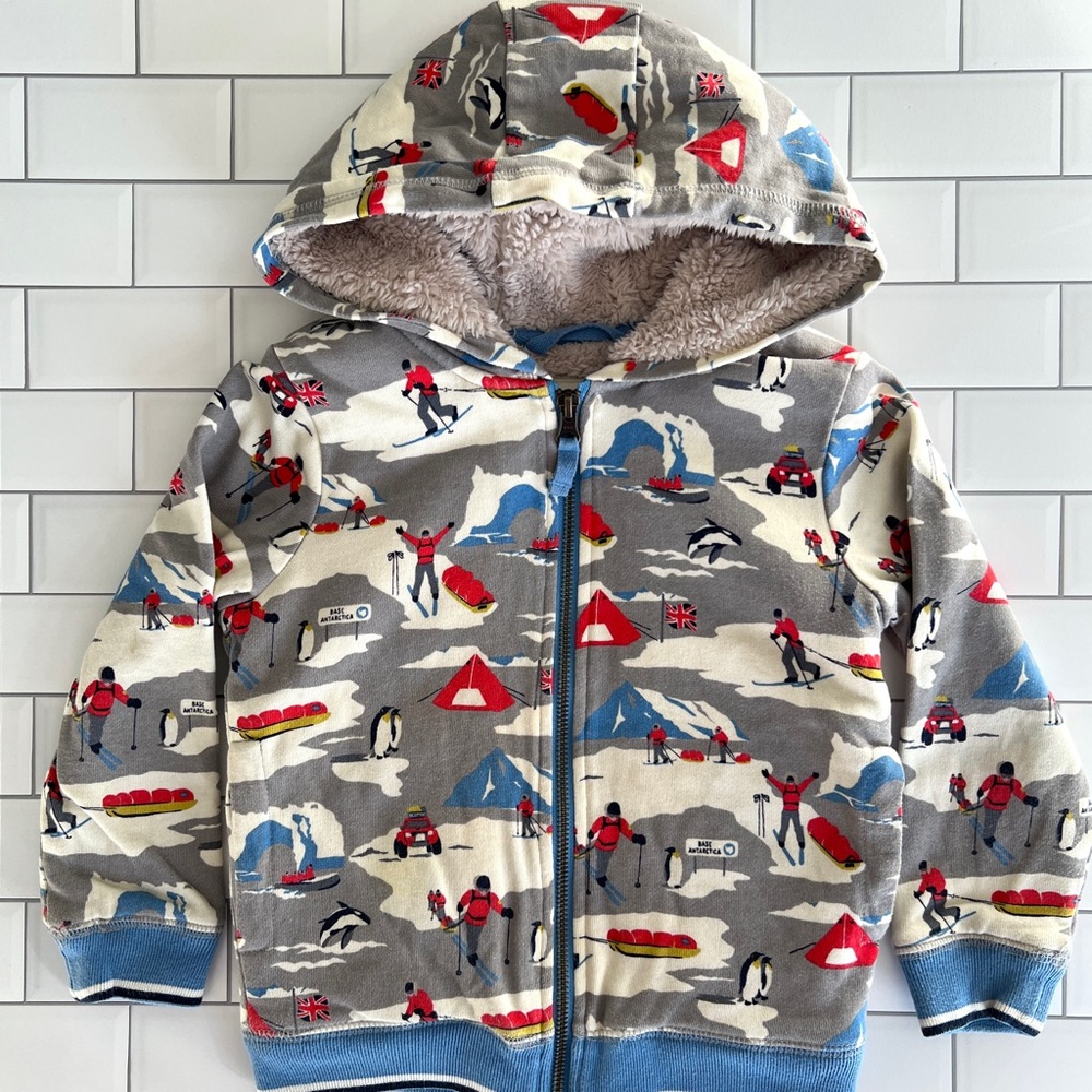 Mini Boden Gray & Blue Arctic Adventure Hooded Zip-Up Sweatshirt